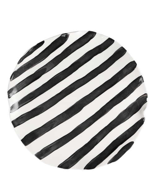 Handmade ceramic dinner plate with black stripes design by Rhea Kalo Athens