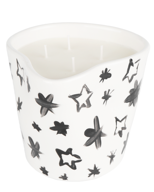 Hand-painted black and white stars ceramic candle, handmade in Athens by Rhea Kalo