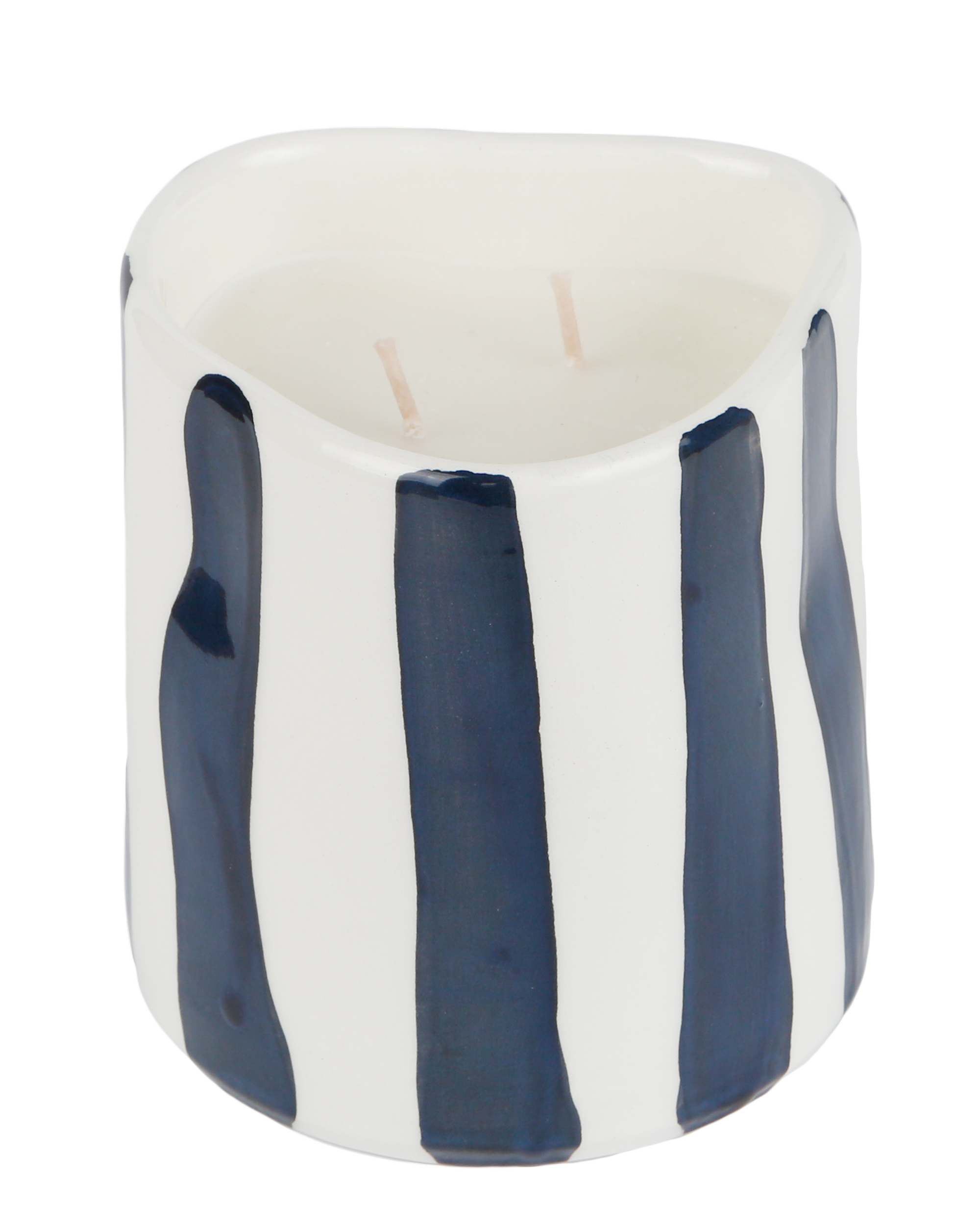 Handmade ceramic candle with black and white stripes, made in Athens by Rhea Kalo