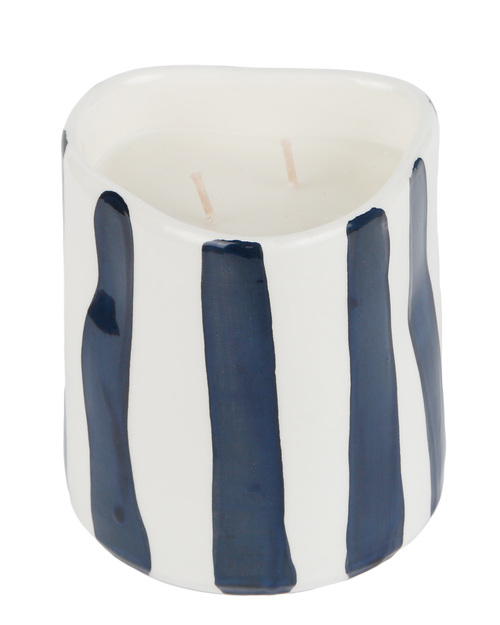 Handmade ceramic candle with black and white stripes, made in Athens by Rhea Kalo