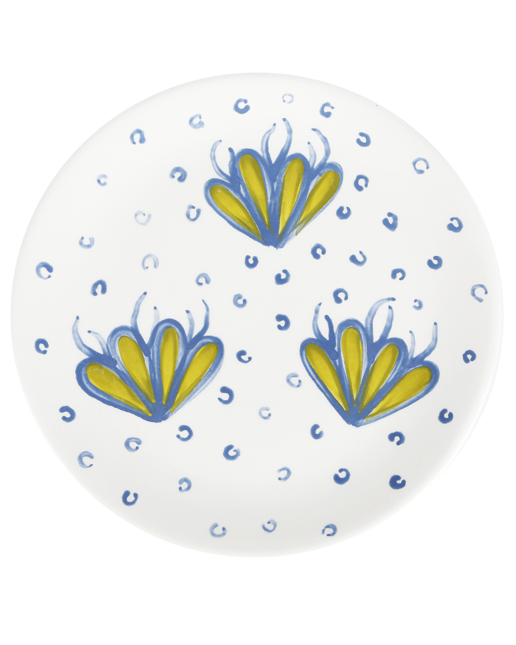 Handmade ceramic plate with blue corals and bubbles design, made in Athens by Rhea Kalo