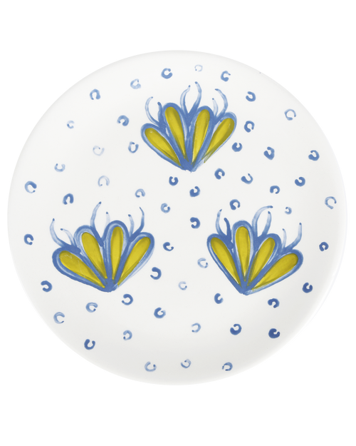 Handmade ceramic plate with blue corals and bubbles design, made in Athens by Rhea Kalo