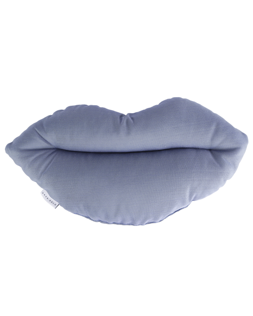 Blue outdoor cushion with kiss design by Rhea Kalo, made in Athens