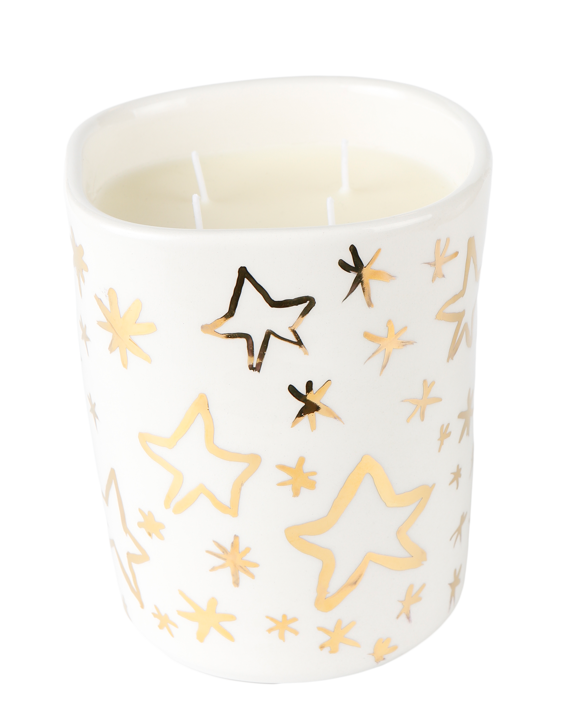 Handmade ceramic candle with gold stars design by Rhea Kalo, made in Athens Greece