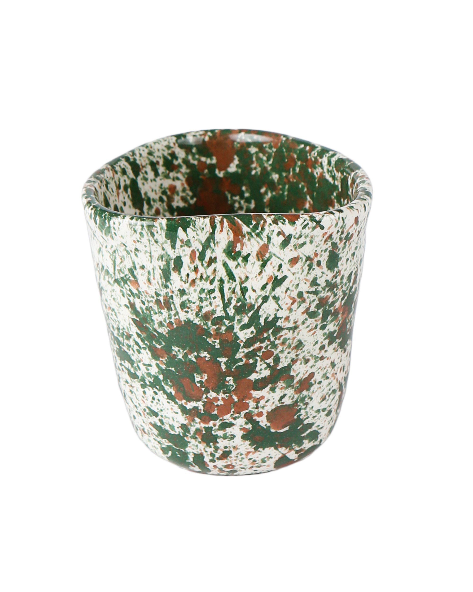 Handmade ceramic espresso cup with splatter pattern, made in Athens by Rhea Kalo