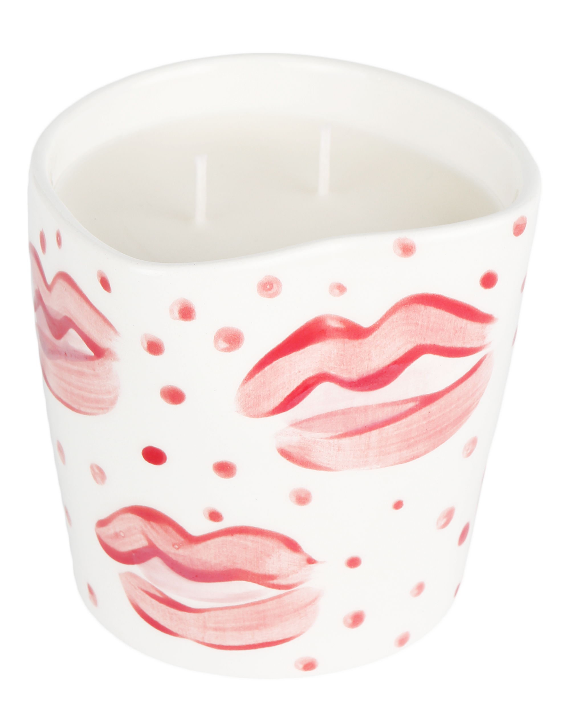 Hand-painted ceramic candle with kisses and dots motif, handmade in Athens by Rhea Kalo