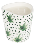 Handmade ceramic candle with plants and dots pattern, made in Athens by Rhea Kalo