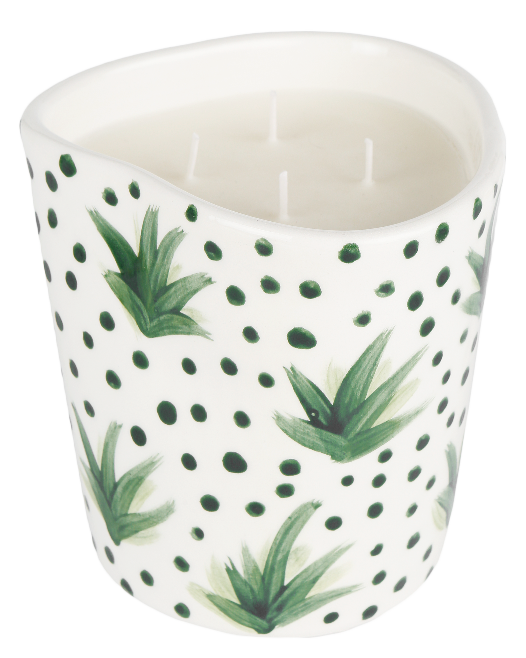 Handmade ceramic candle with plants and dots pattern, made in Athens by Rhea Kalo