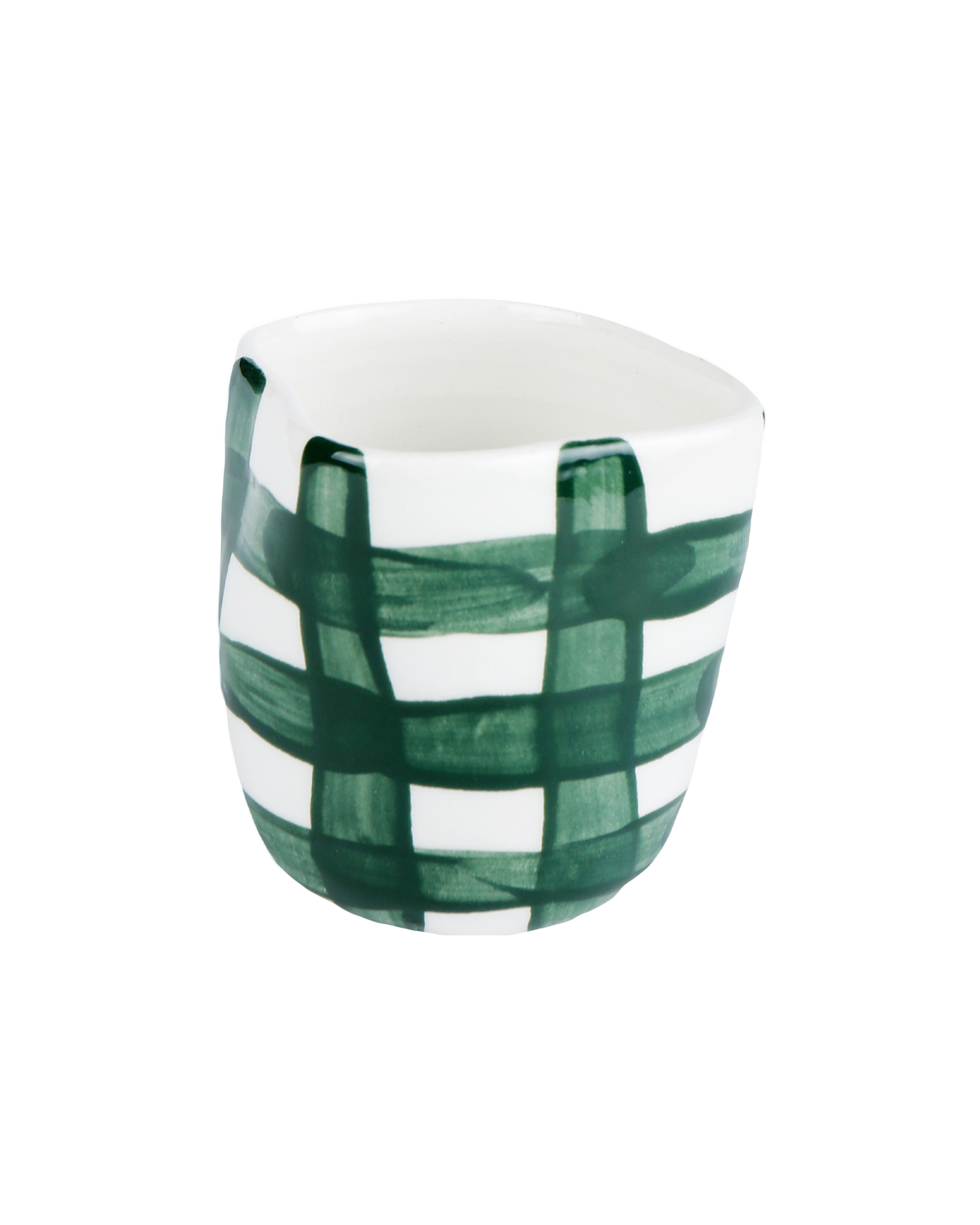 Hand-painted green vichy pattern ceramic espresso cup, handmade in Athens by Rhea Kalo