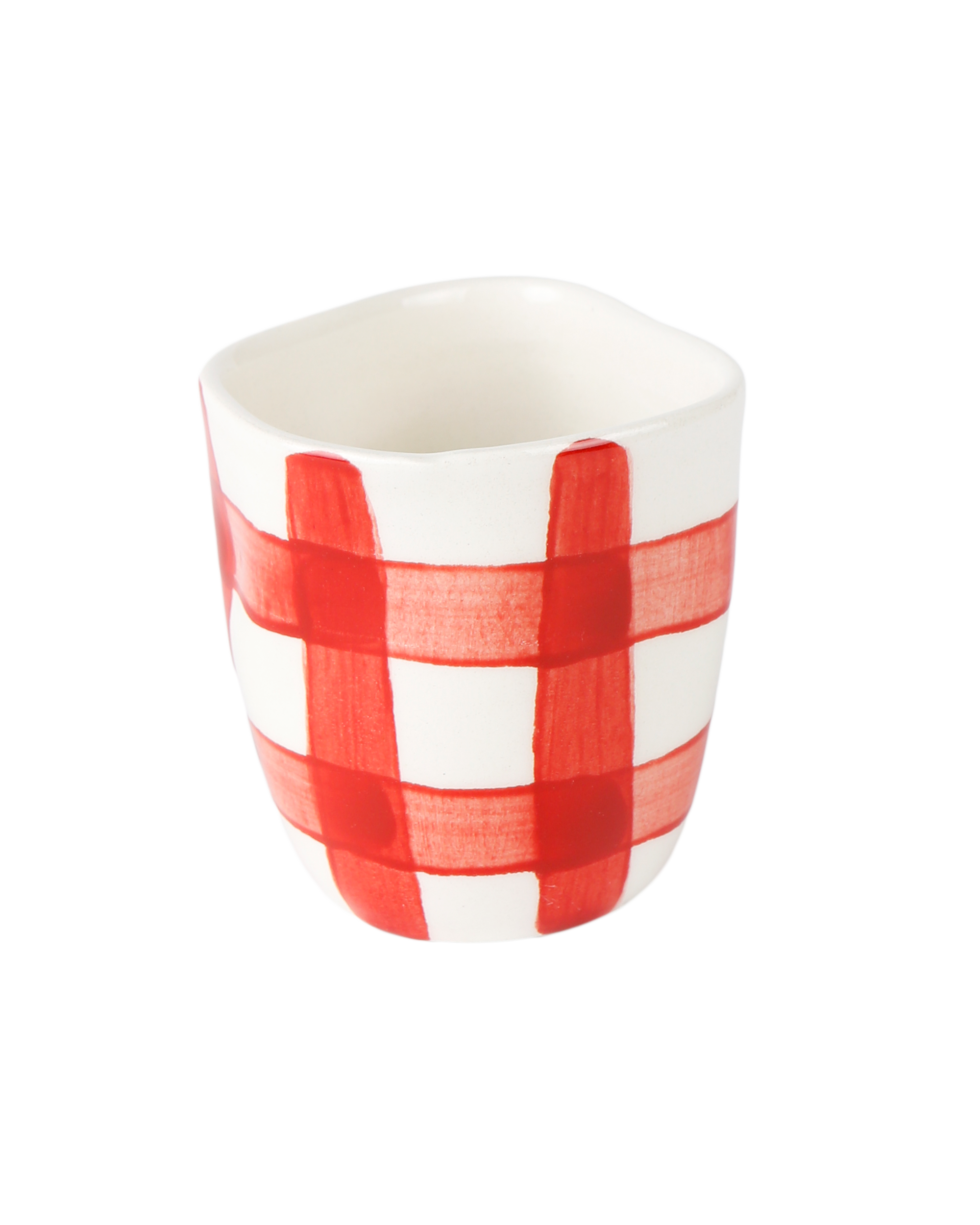 Hand-painted vichy red pattern ceramic espresso cup, handmade in Athens by Rhea Kalo