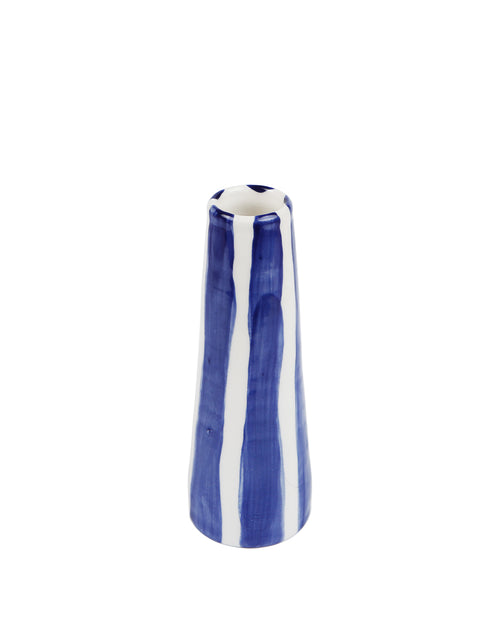 Handmade ceramic vase with Aegean blue stripes by Rhea Kalo, made in Athens
