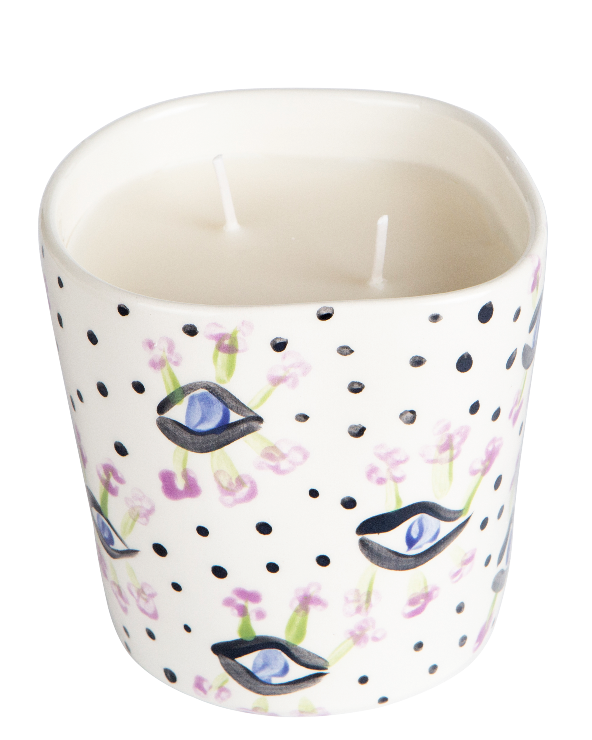 Handmade ceramic candle with eyeflower design by Rhea Kalo Athens