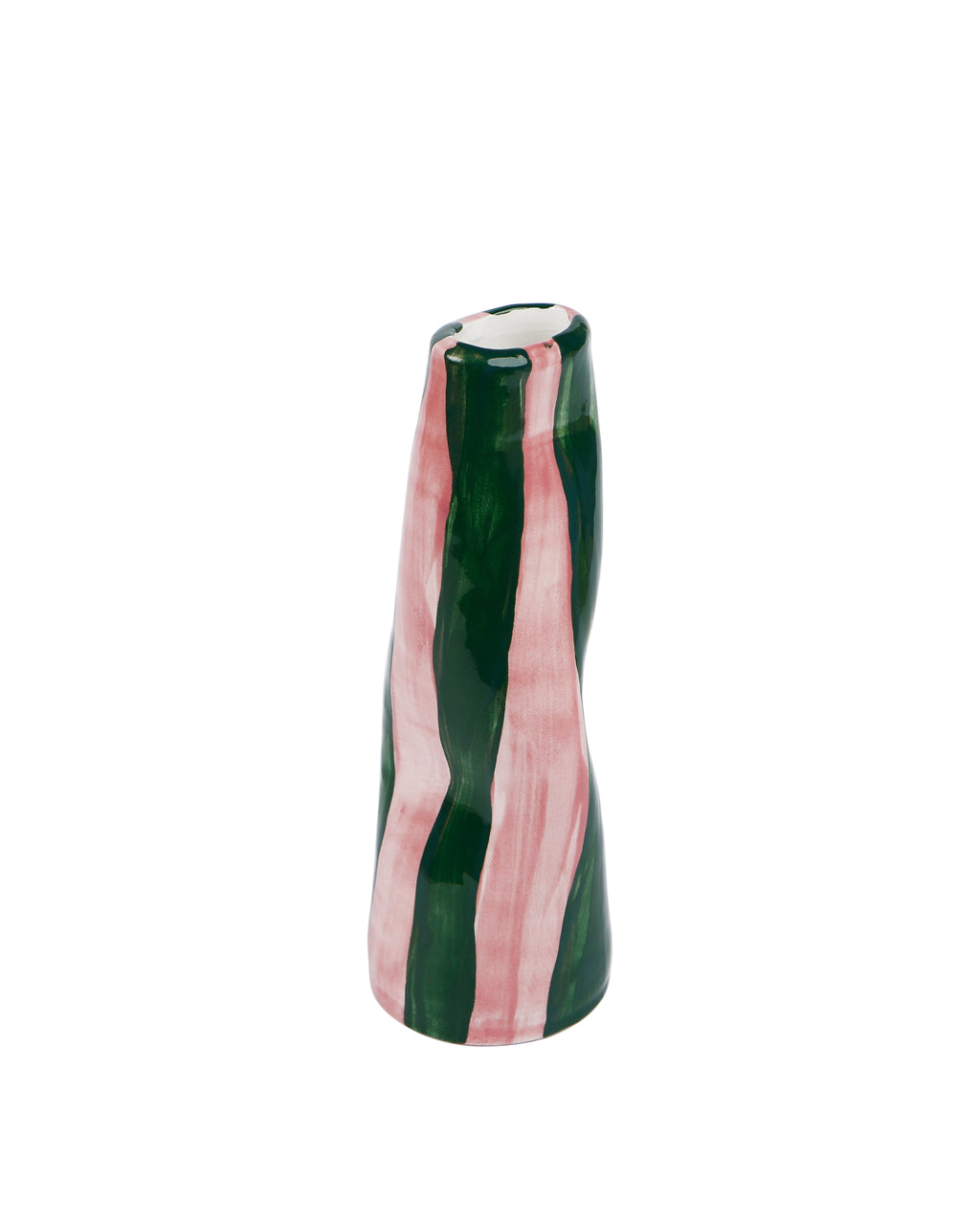 Handmade ceramic stem vase with green on pink stripes by Rhea Kalo, made in Athens