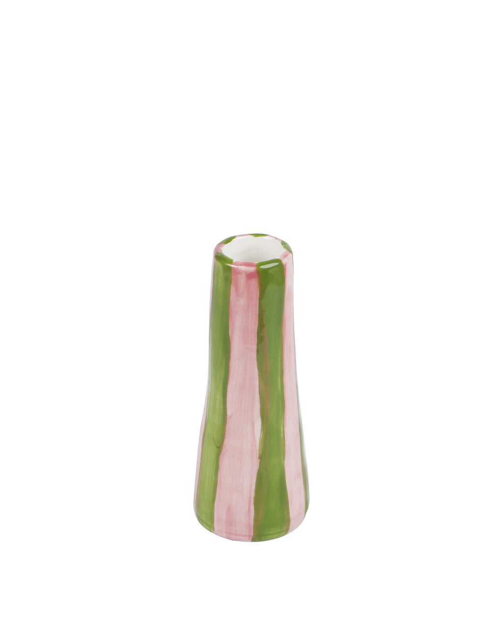 Handmade ceramic stem vase with lime on pink stripes, made in Athens by Rhea Kalo