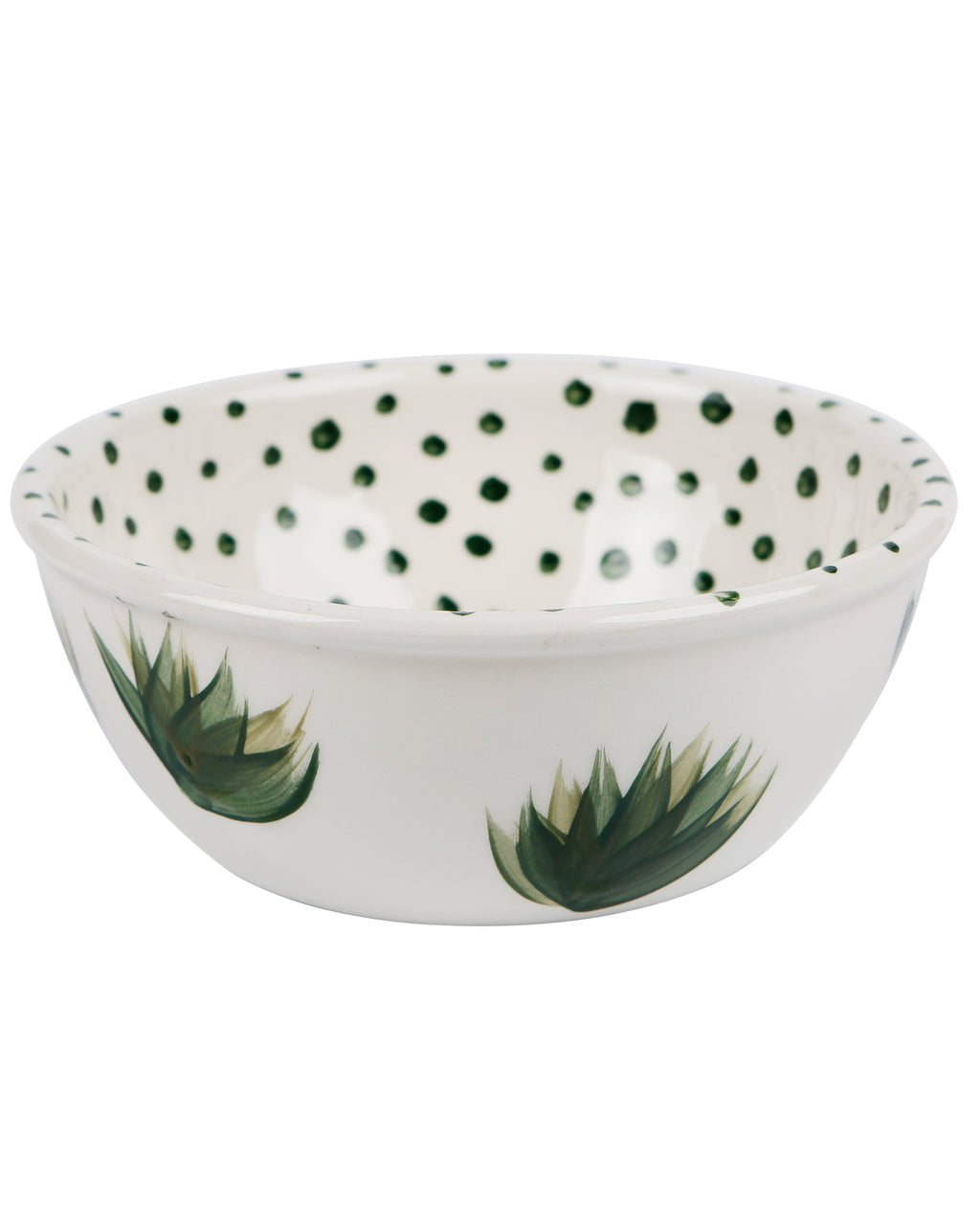 Hand-painted ceramic bowl with plants and dots motif, made in Athens by Rhea Kalo